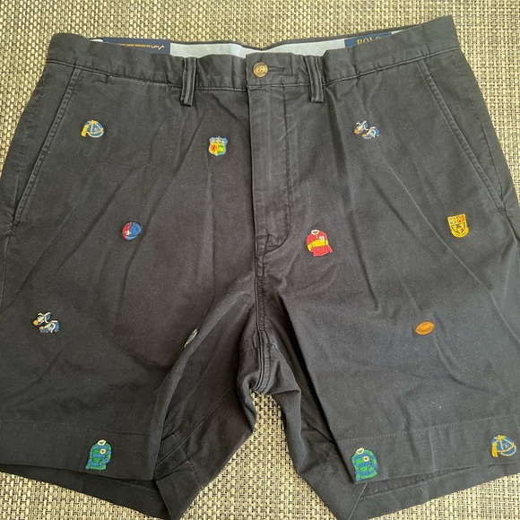 Ralph Lauren Black Flat Front Shorts with Embroidered Details
